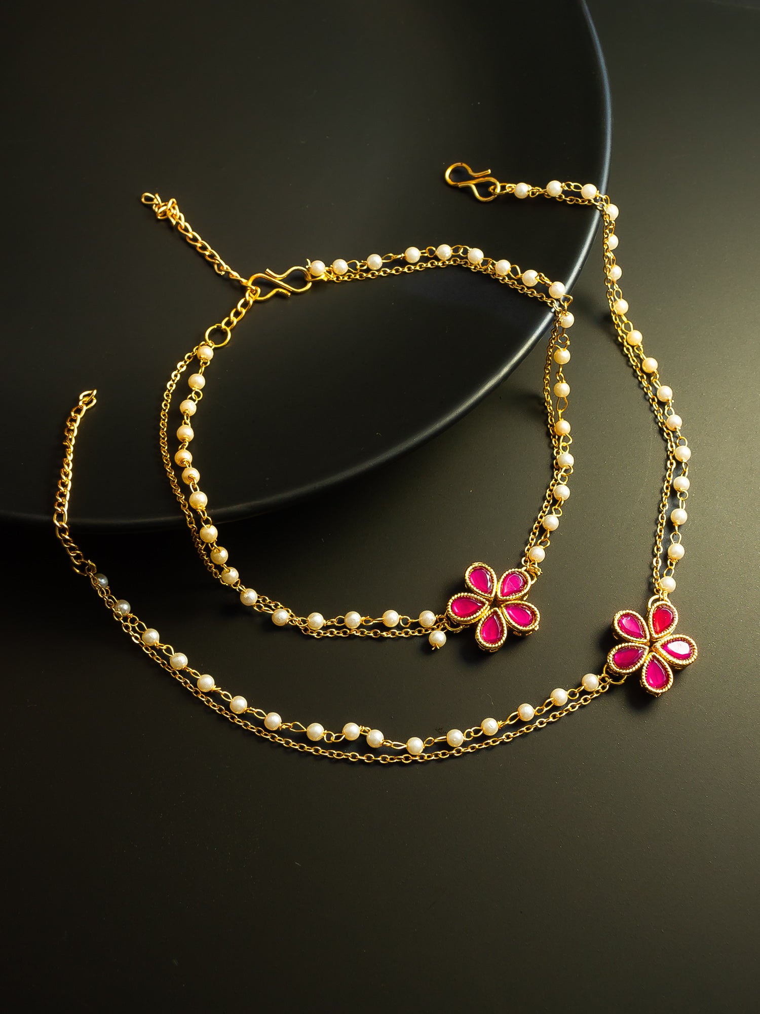 Aadita Gold Plated Red Floral Designer Pearl Chain Anklet Set for Women & Girls