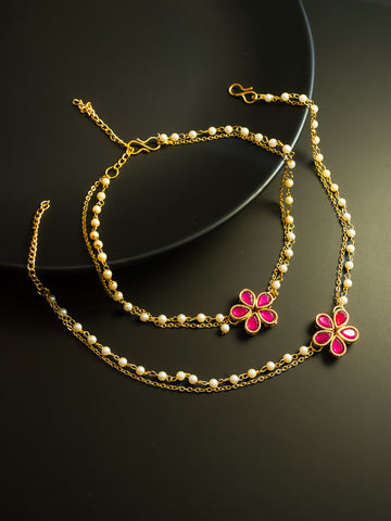 Aadita Gold Plated Red Floral Designer Pearl Chain Anklet Set for Women & Girls
