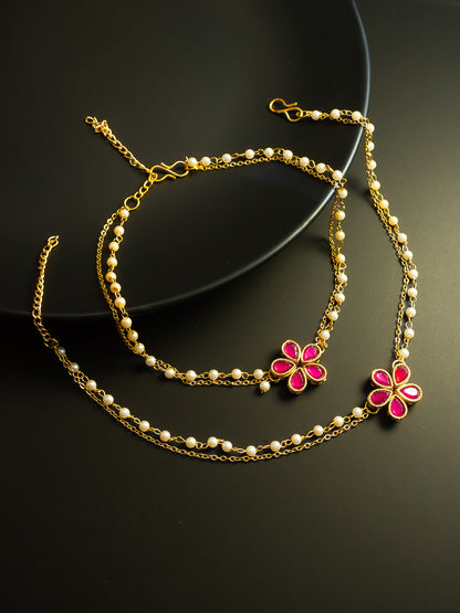 Aadita Gold Plated Red Floral Designer Pearl Chain Anklet Set for Women & Girls