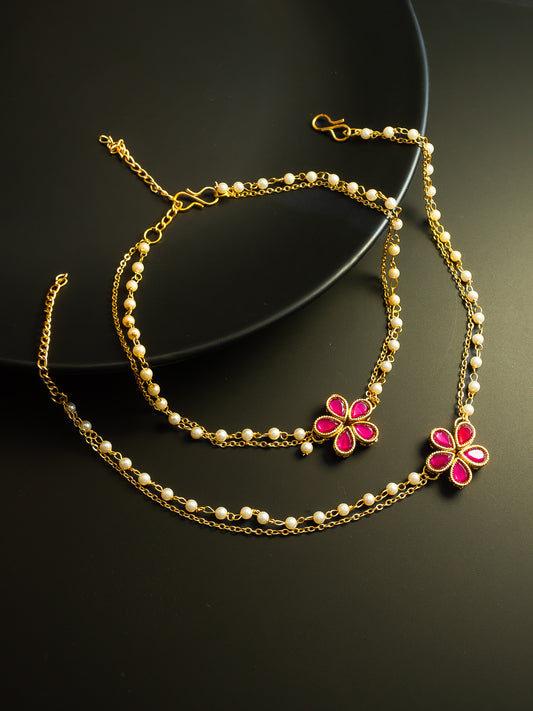 Aadita Gold Plated Red Floral Designer Pearl Chain Anklet Set for Women & Girls