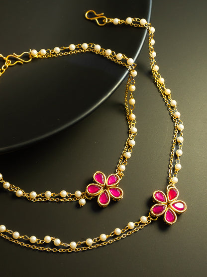 Aadita Gold Plated Red Floral Designer Pearl Chain Anklet Set for Women & Girls