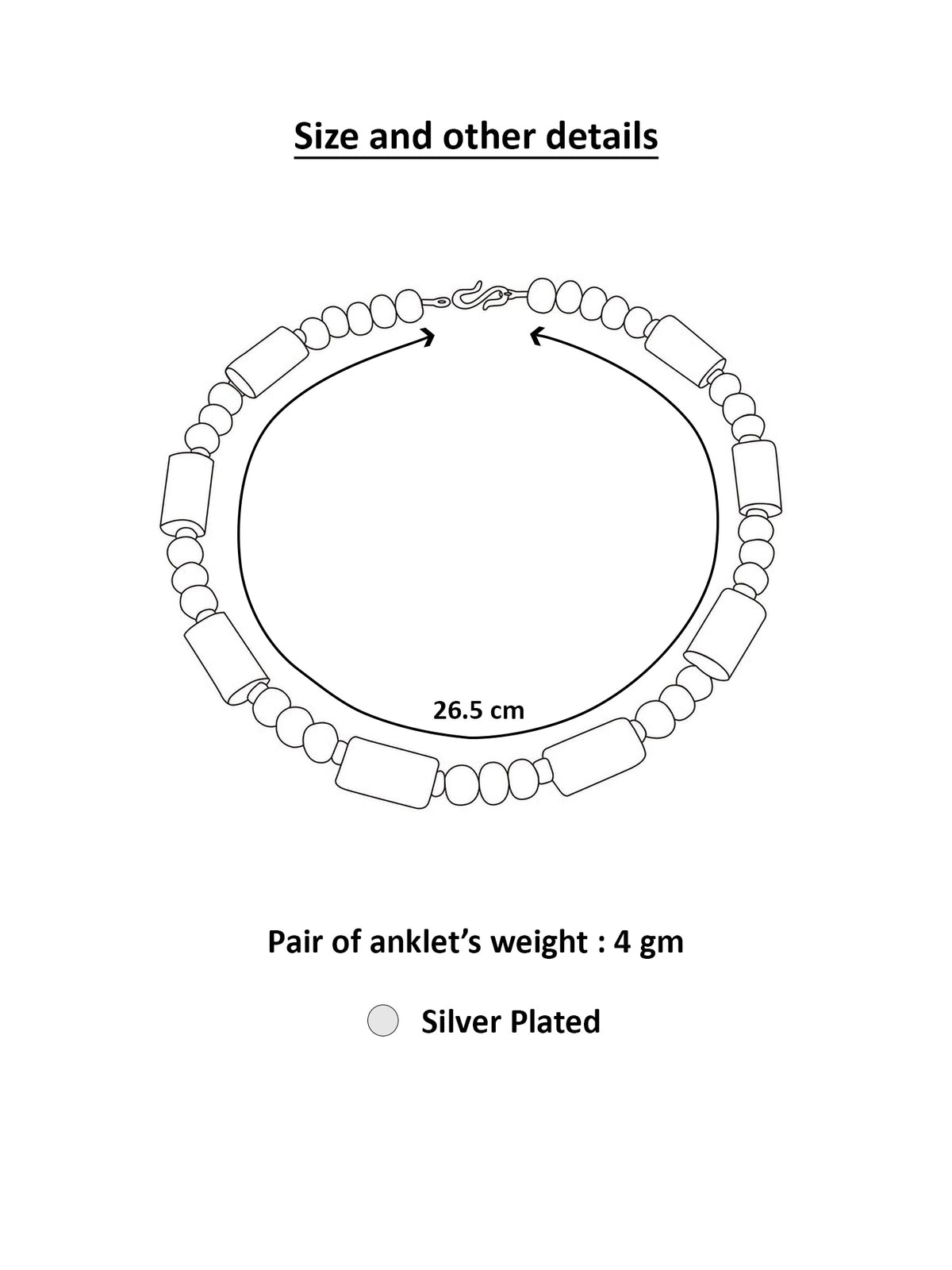 A black and white product specification sheet showing a beaded anklet with a size diagram indicating 26.5 cm, weight of 4 gm, and silver plated finish.