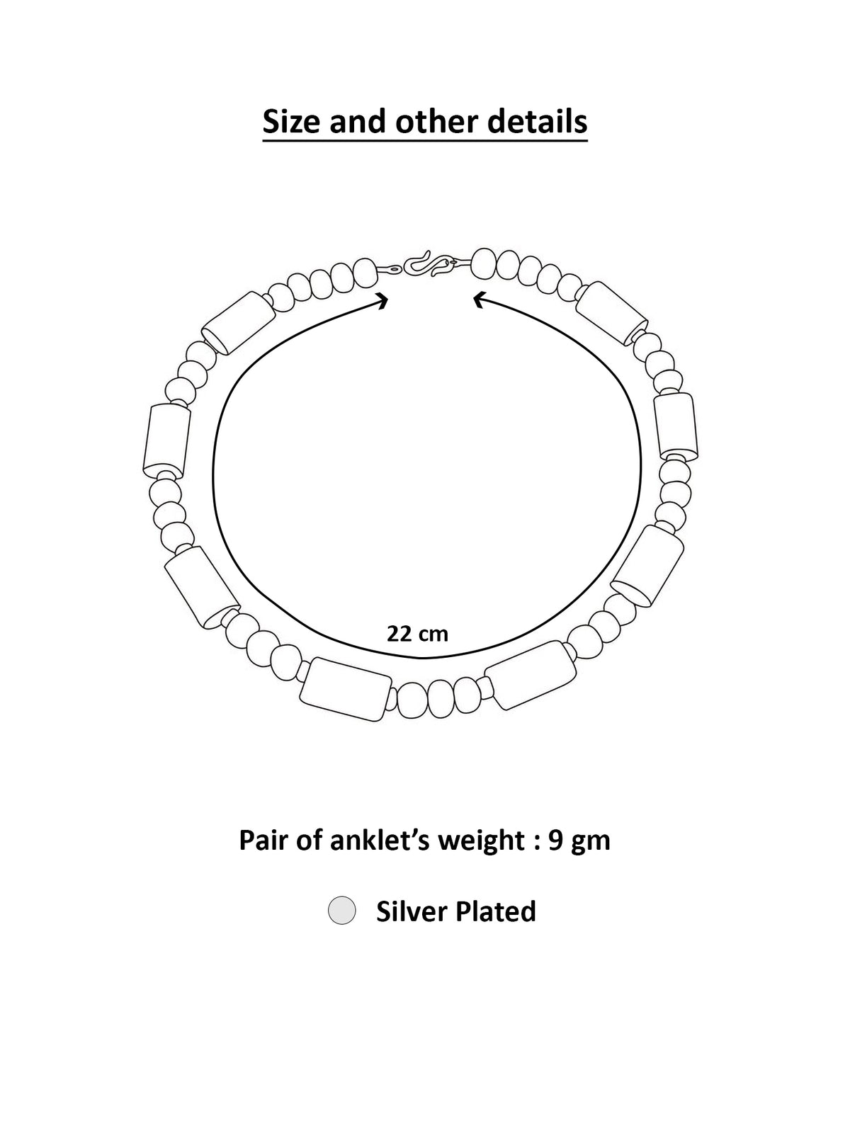 A black and white product specification sheet showing a line drawing of a beaded anklet with text indicating a size of 22 cm, a weight of 9 gm, and silver plating.