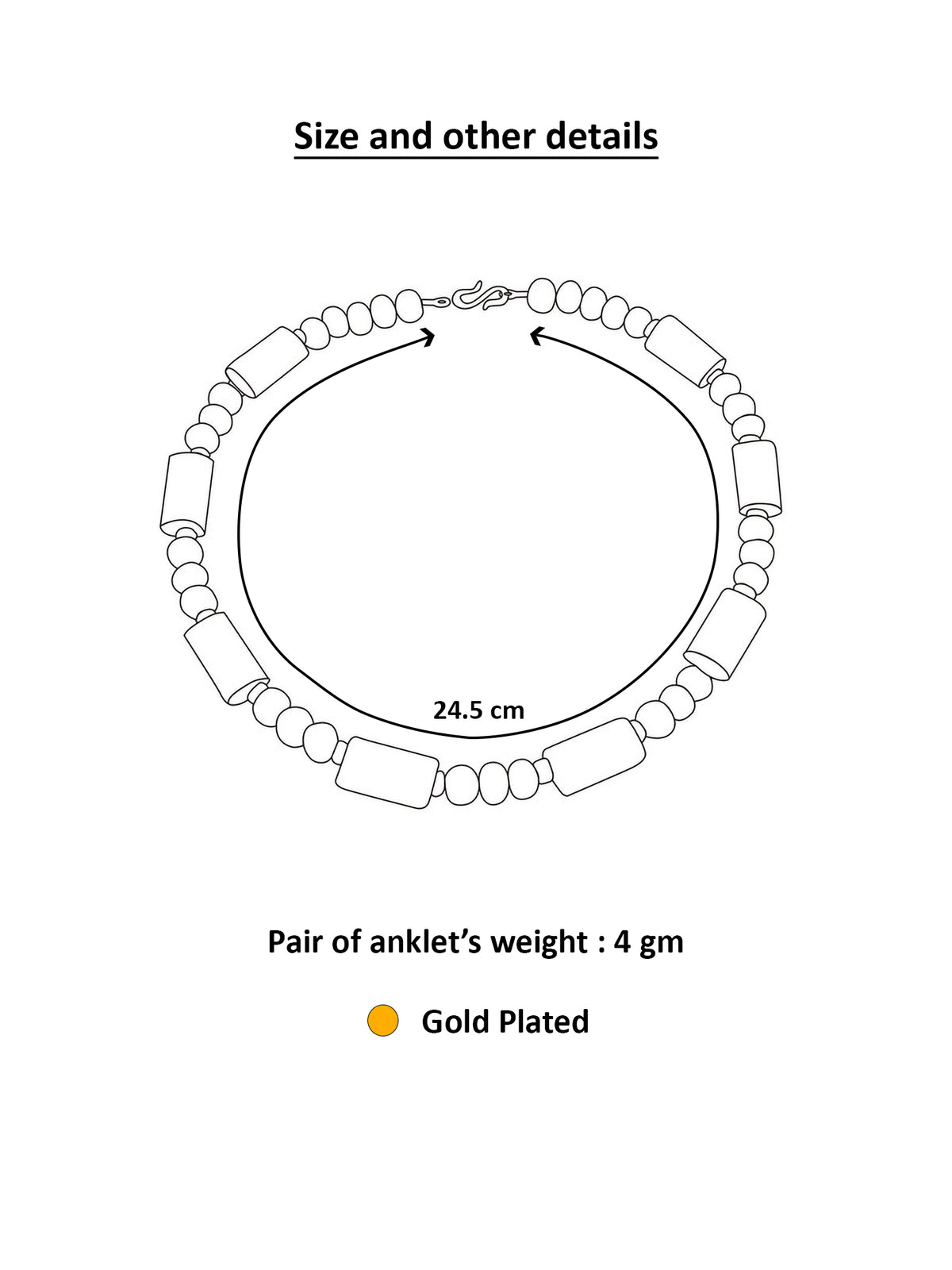 A size and detail diagram for a gold-plated beaded anklet. The image shows a black-and-white line drawing of the anklet with a clasp, a measured circumference of 24.