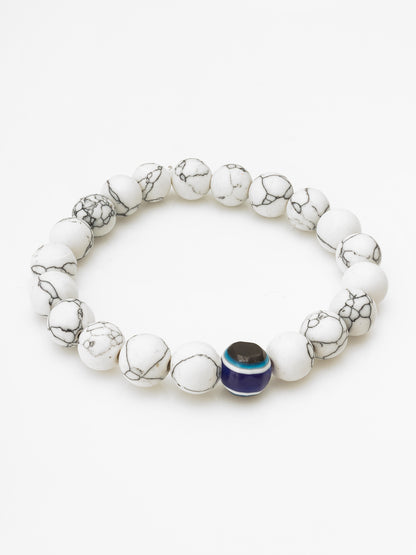 Aadita White Marbled Beaded Evil Eye Stretch Bracelet