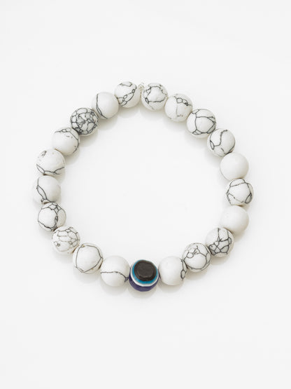 Aadita White Marbled Beaded Evil Eye Stretch Bracelet