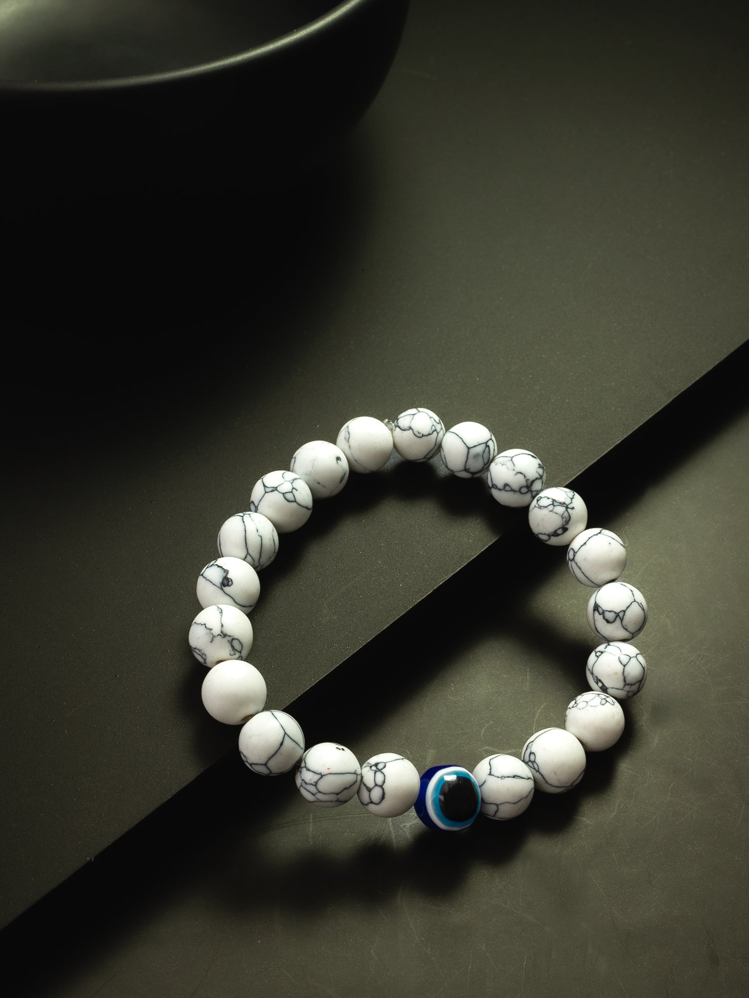 Aadita White Marbled Beaded Evil Eye Stretch Bracelet