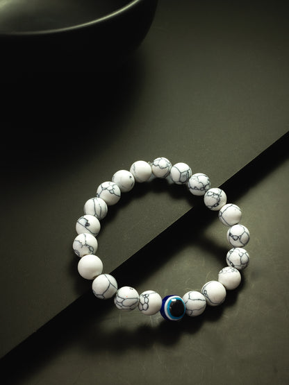 Aadita White Marbled Beaded Evil Eye Stretch Bracelet
