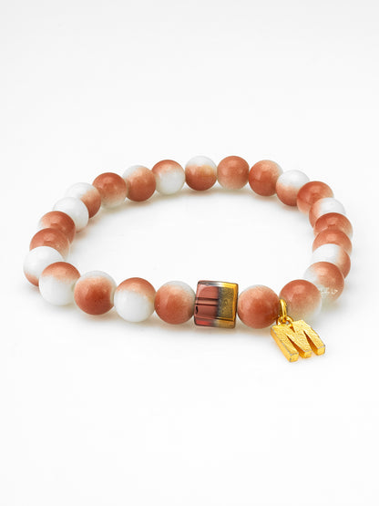 Aadita Two-Tone Orange Beaded Bracelet with Gold Initial M Charm