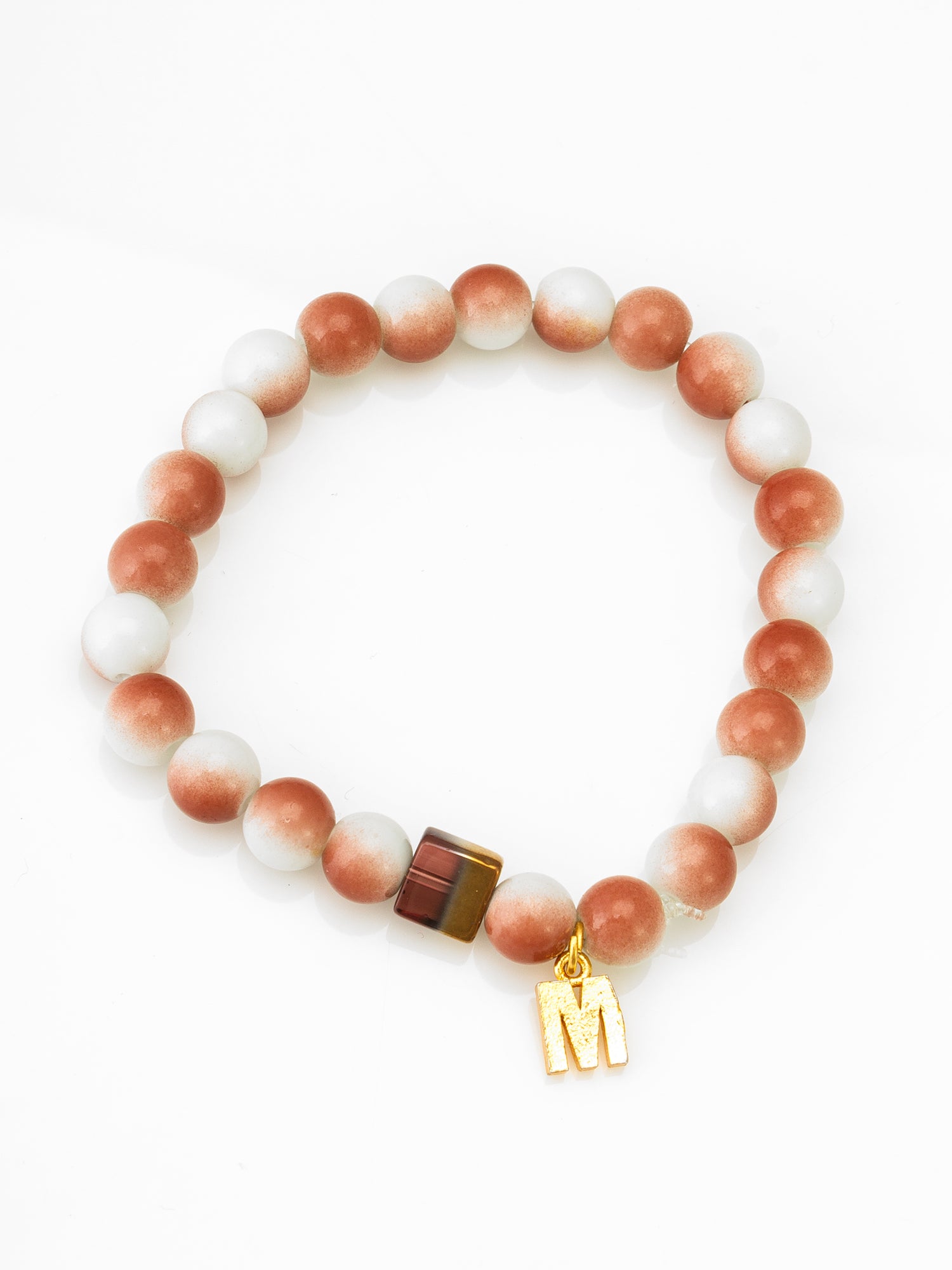 Aadita Two-Tone Orange Beaded Bracelet with Gold Initial M Charm