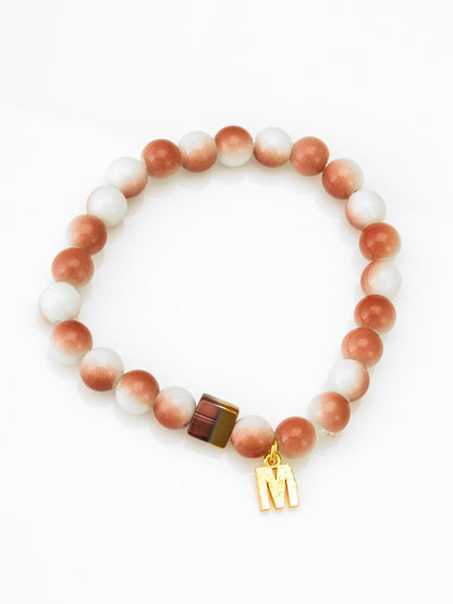 Aadita Two-Tone Orange Beaded Bracelet with Gold Initial M Charm