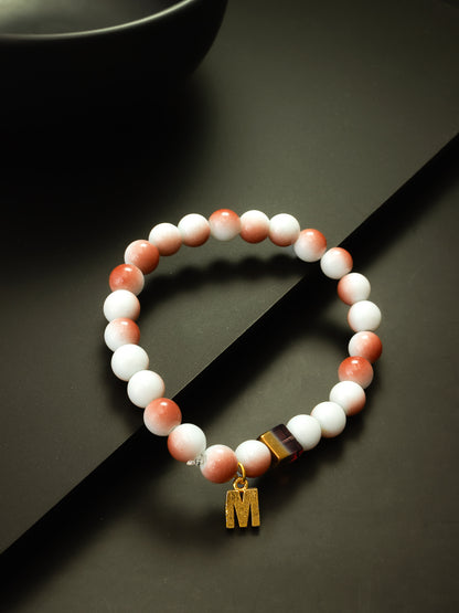 Aadita Two-Tone Orange Beaded Bracelet with Gold Initial M Charm