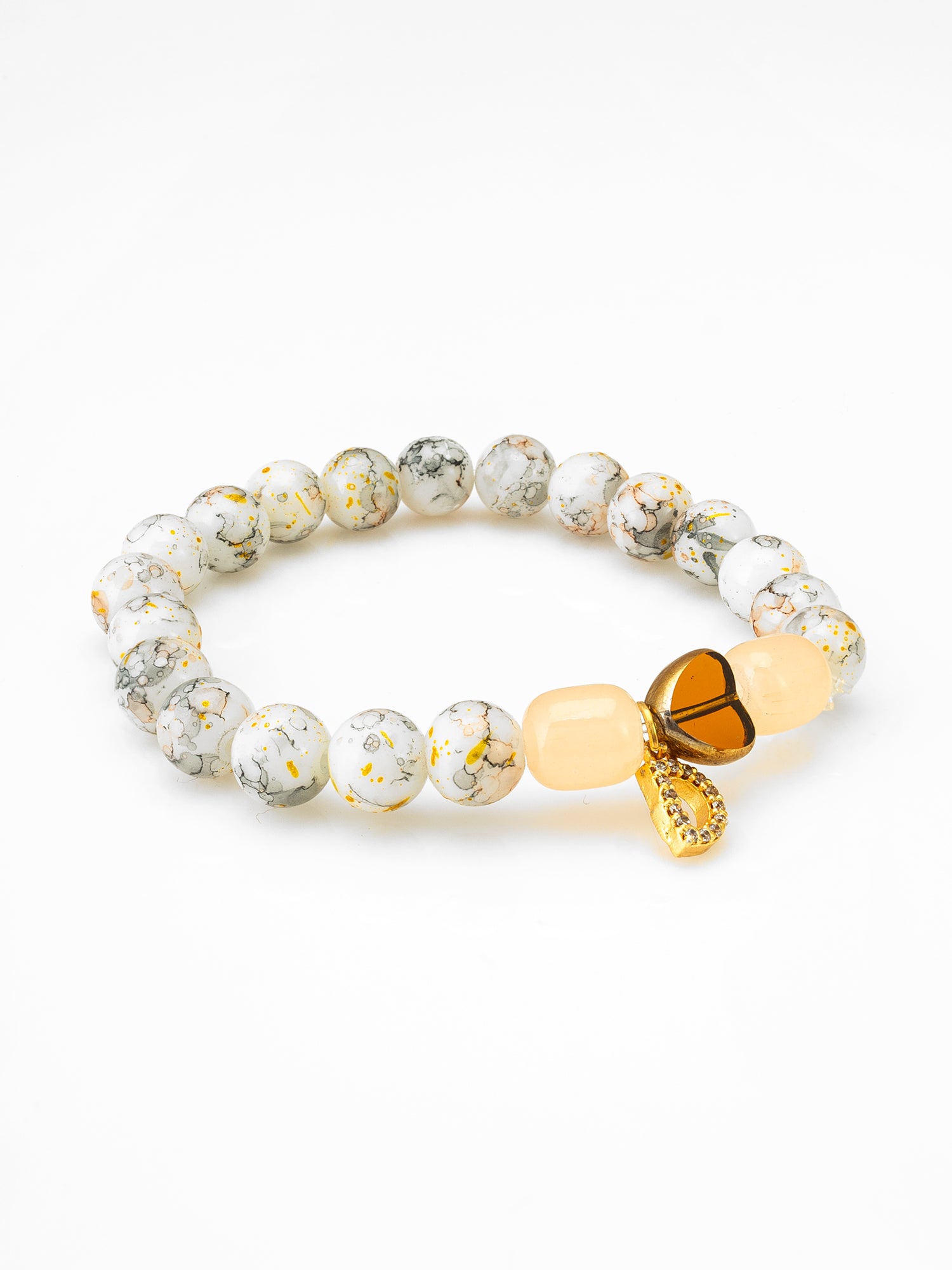 Aadita White Speckled Beaded Stretch Bracelet with Heart and D Charm