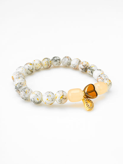 Aadita White Speckled Beaded Stretch Bracelet with Heart and D Charm