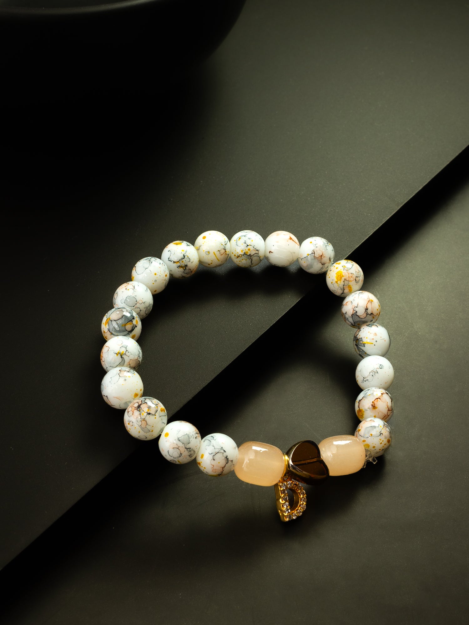 Aadita White Speckled Beaded Stretch Bracelet with Heart and D Charm
