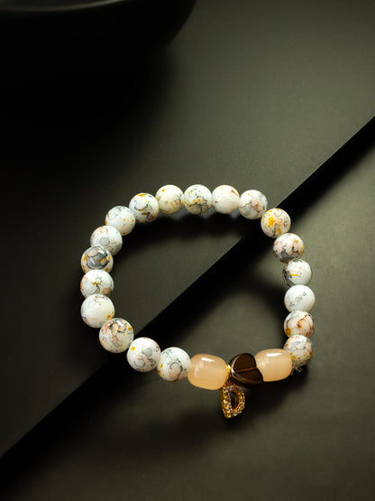 Aadita White Speckled Beaded Stretch Bracelet with Heart and D Charm