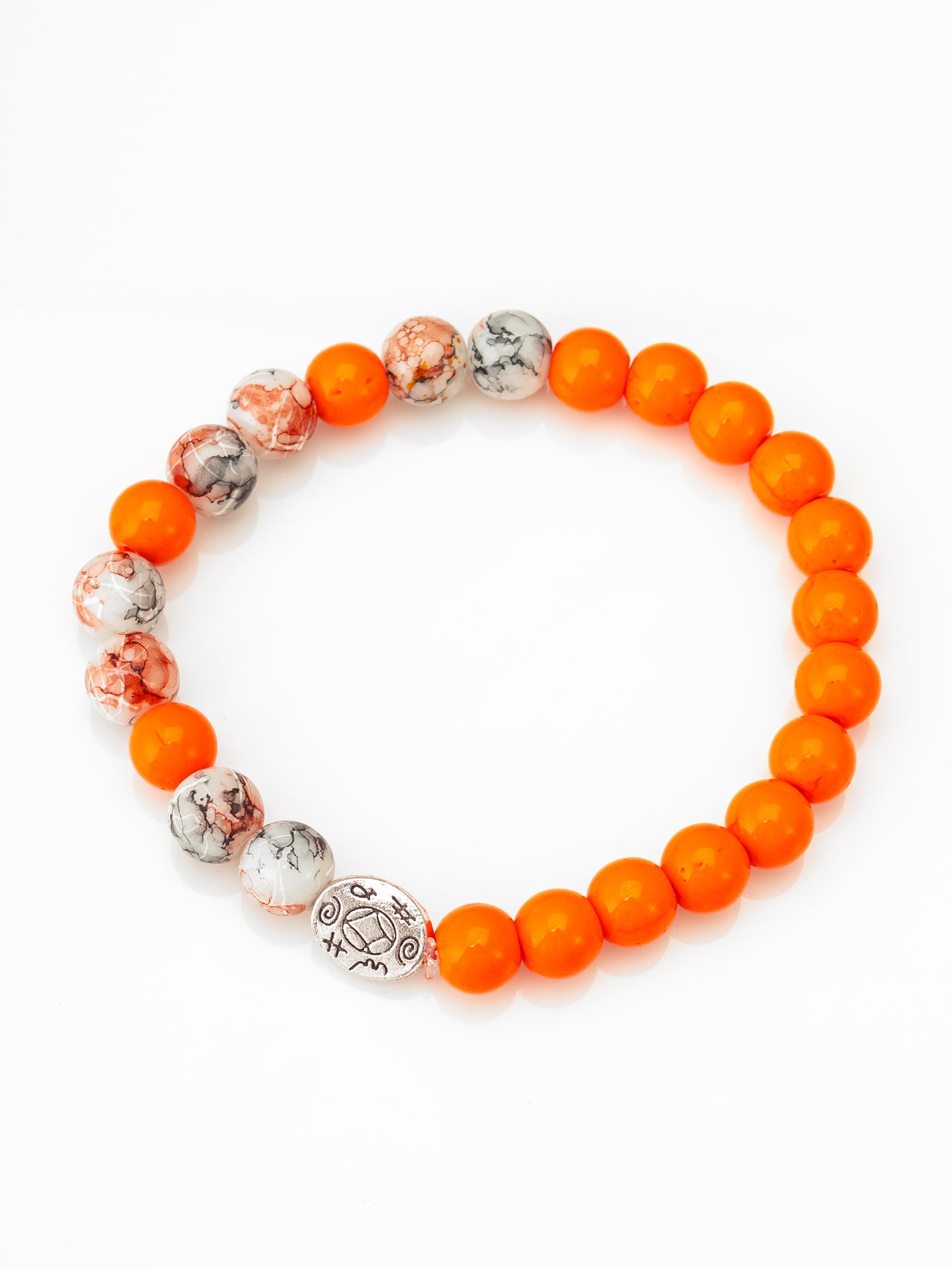 Aadita Orange and Marbled Beaded Bracelet with Engraved Silver Charm
