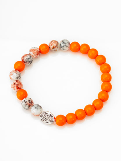 Aadita Orange and Marbled Beaded Bracelet with Engraved Silver Charm
