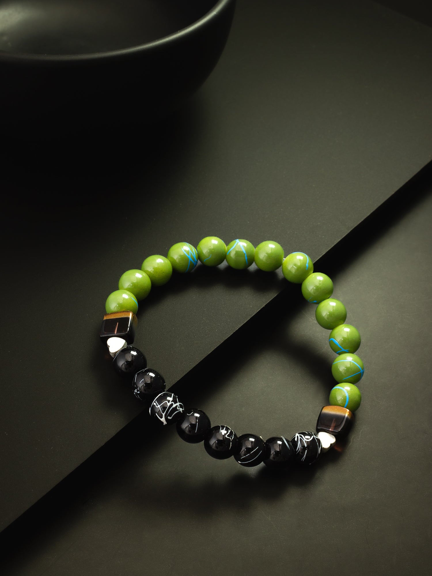 Aadita Green and Black Patterned Beaded Stretch Bracelet