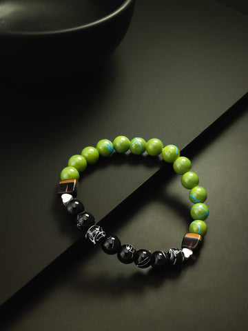 Aadita Green and Black Patterned Beaded Stretch Bracelet