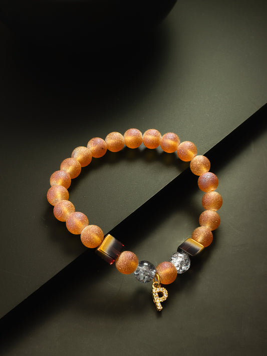 Aadita Textured Peach Beaded Bracelet with Crystal P Charm