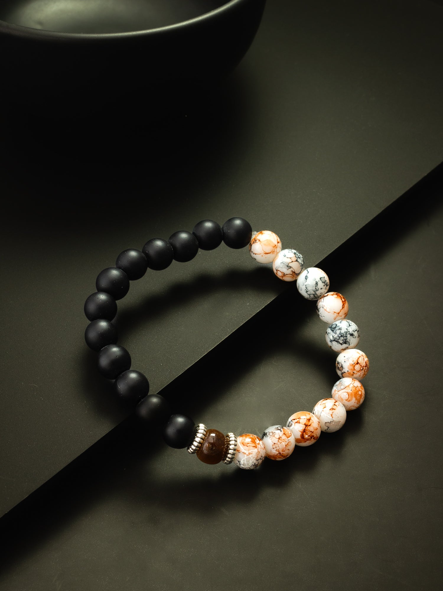 Aadita Matte Black and Marbled White Beaded Contrast Bracelet