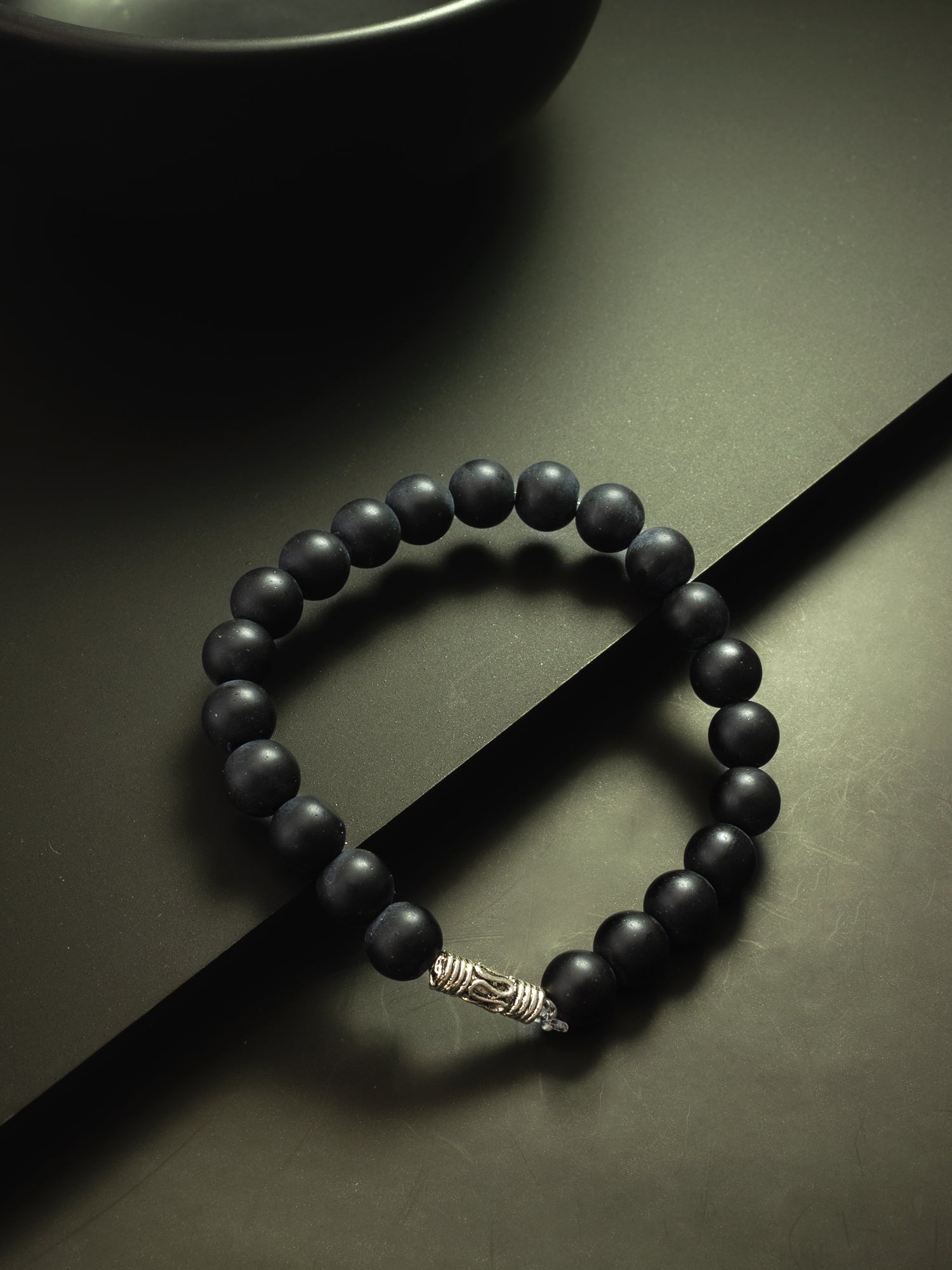Aadita Matte Black Bead Bracelet with Silver Tone Accent