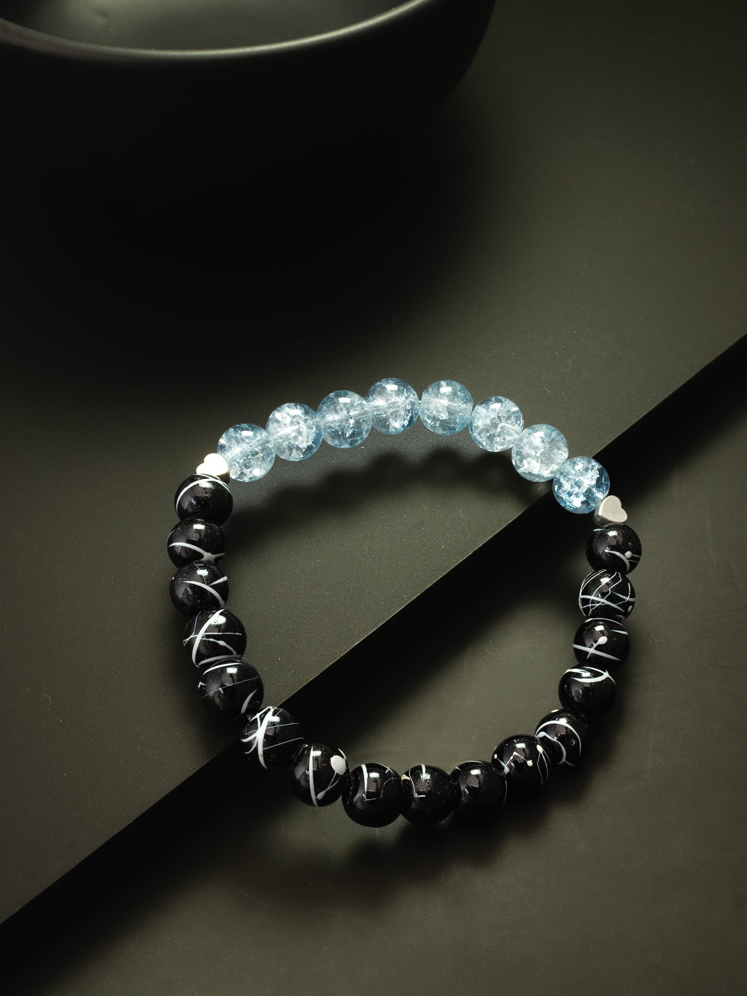 Aadita Black Patterned and Ice Blue Bead Bracelet