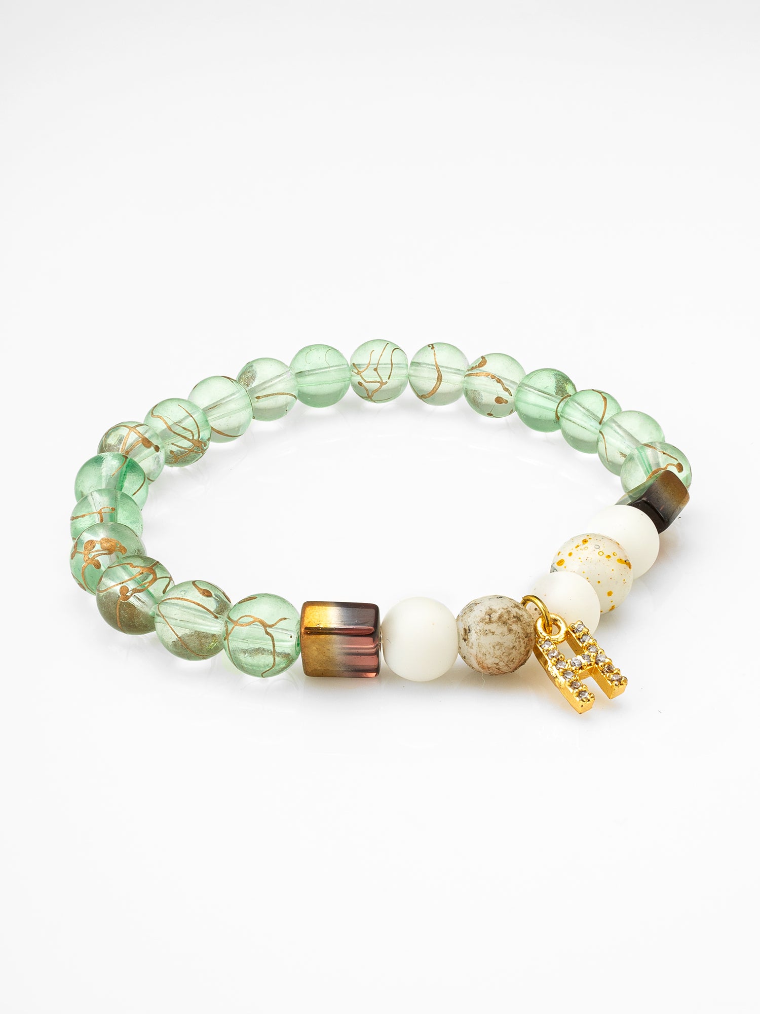 Aadita Green Gold-Veined Bead Bracelet with Initial H Charm