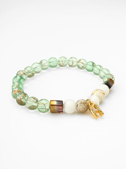 Aadita Green Gold-Veined Bead Bracelet with Initial H Charm