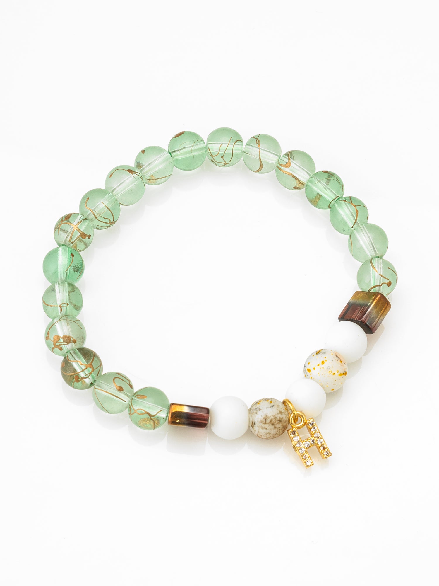 Aadita Green Gold-Veined Bead Bracelet with Initial H Charm