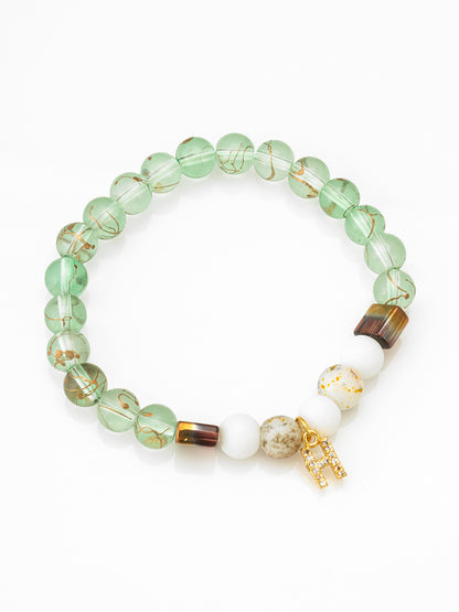 Aadita Green Gold-Veined Bead Bracelet with Initial H Charm
