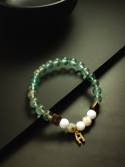 Aadita Green Gold-Veined Bead Bracelet with Initial H Charm