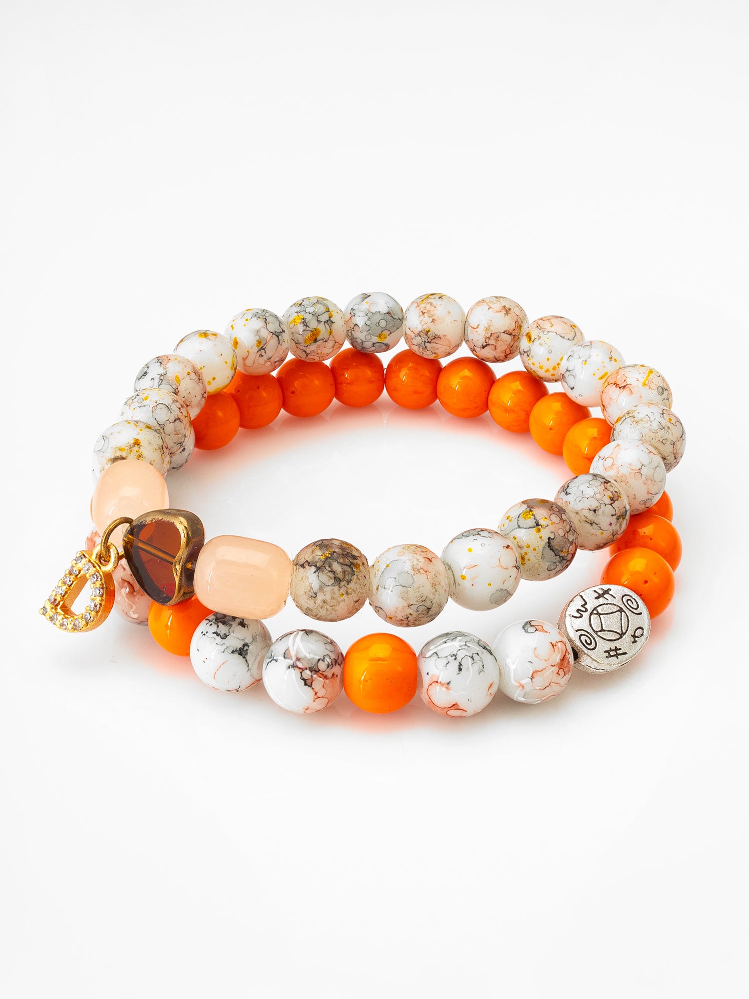 Aadita Casual Wear Orange and White Marble Beaded Stretch Bracelet Set with Charm Accents