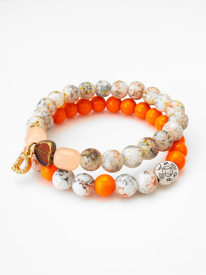 Aadita Casual Wear Orange and White Marble Beaded Stretch Bracelet Set with Charm Accents