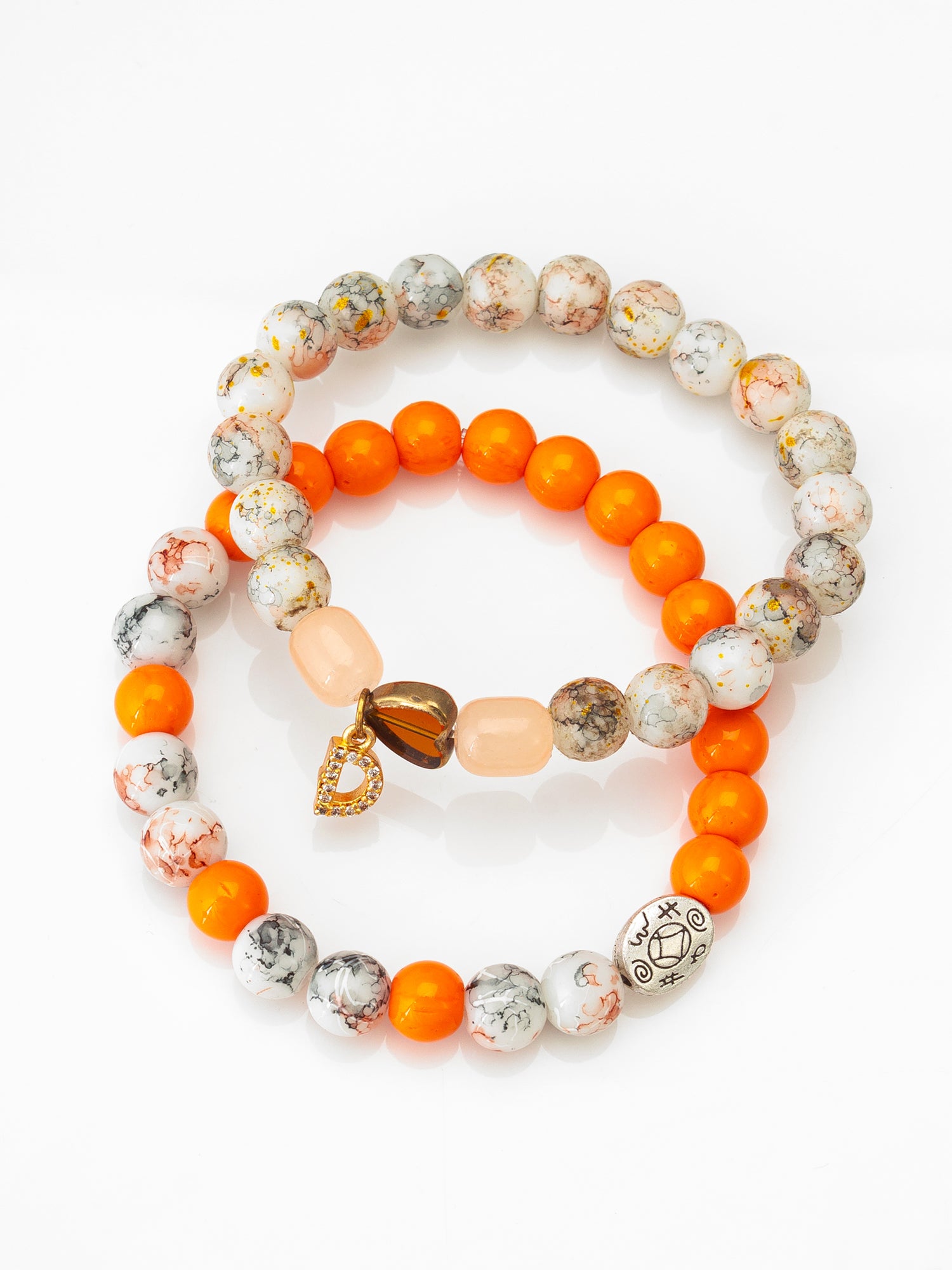 Aadita Casual Wear Orange and White Marble Beaded Stretch Bracelet Set with Charm Accents