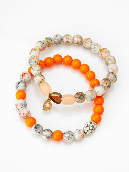 Aadita Casual Wear Orange and White Marble Beaded Stretch Bracelet Set with Charm Accents