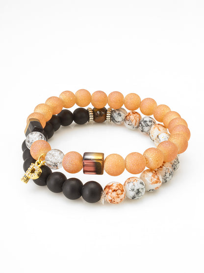 Aadita Peach Frosted and Black Matte Beaded Stretch Bracelet Set with Crown Charm For Casual