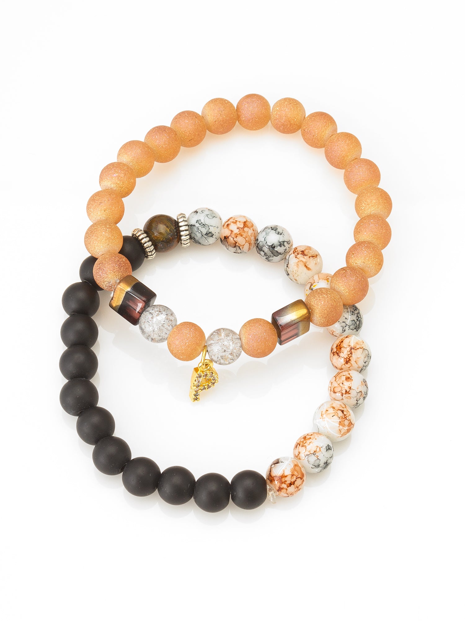 Aadita Peach Frosted and Black Matte Beaded Stretch Bracelet Set with Crown Charm For Casual