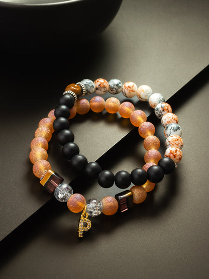 Aadita Peach Frosted and Black Matte Beaded Stretch Bracelet Set with Crown Charm For Casual