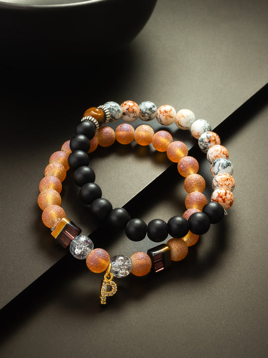 Aadita Peach Frosted and Black Matte Beaded Stretch Bracelet Set with Crown Charm For Casual