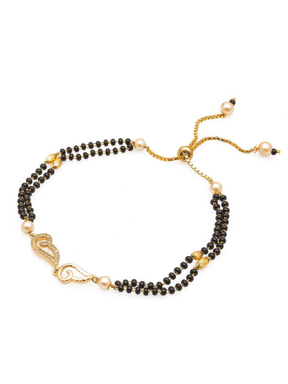 Aadita Dual Strand Black Bead Gold Mangalsutra Bracelet with Studded Motif