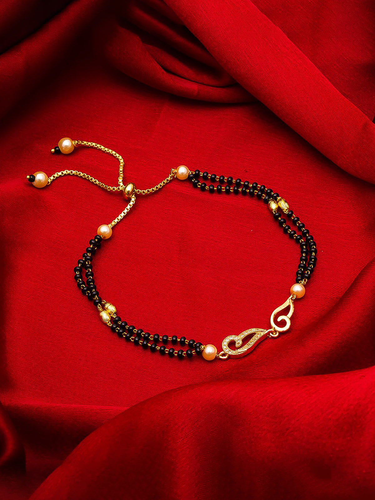 Aadita Dual Strand Black Bead Gold Mangalsutra Bracelet with Studded Motif