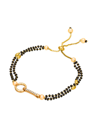 Aadita Gold Plated Circle and Bar Black Bead Mangalsutra Bracelet