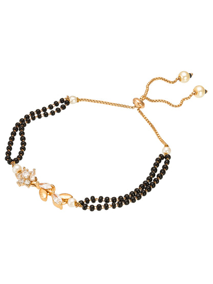 Aadita Floral Motif Dual Layered Black Bead Gold Mangalsutra Bracelet