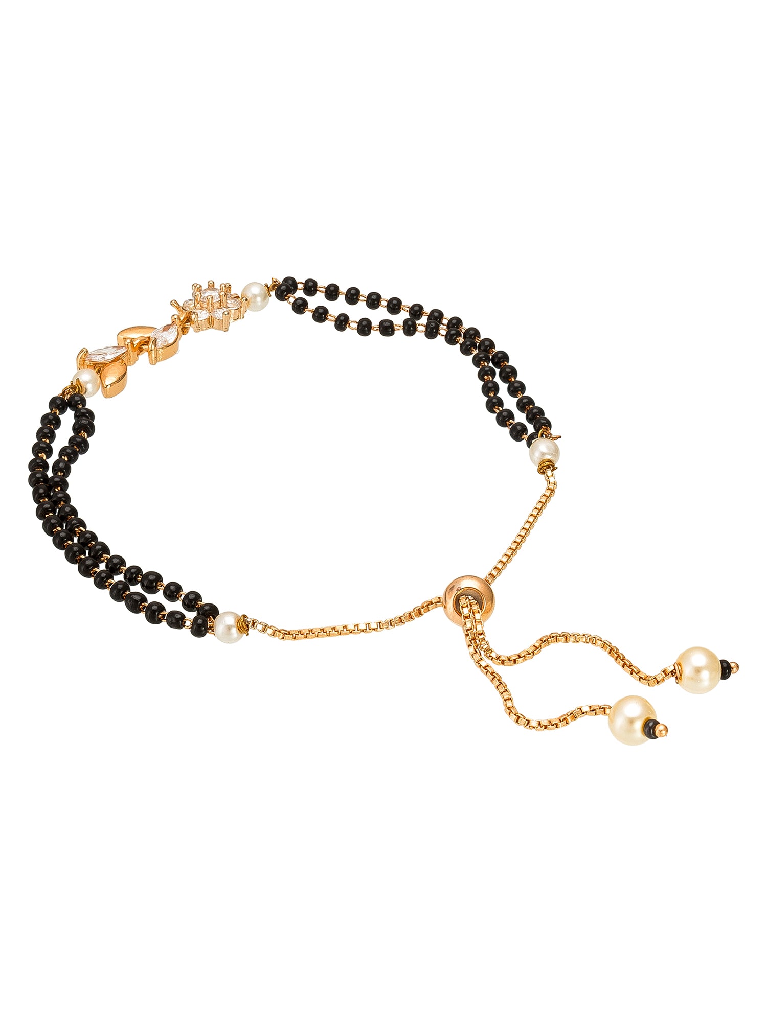Aadita Floral Motif Dual Layered Black Bead Gold Mangalsutra Bracelet