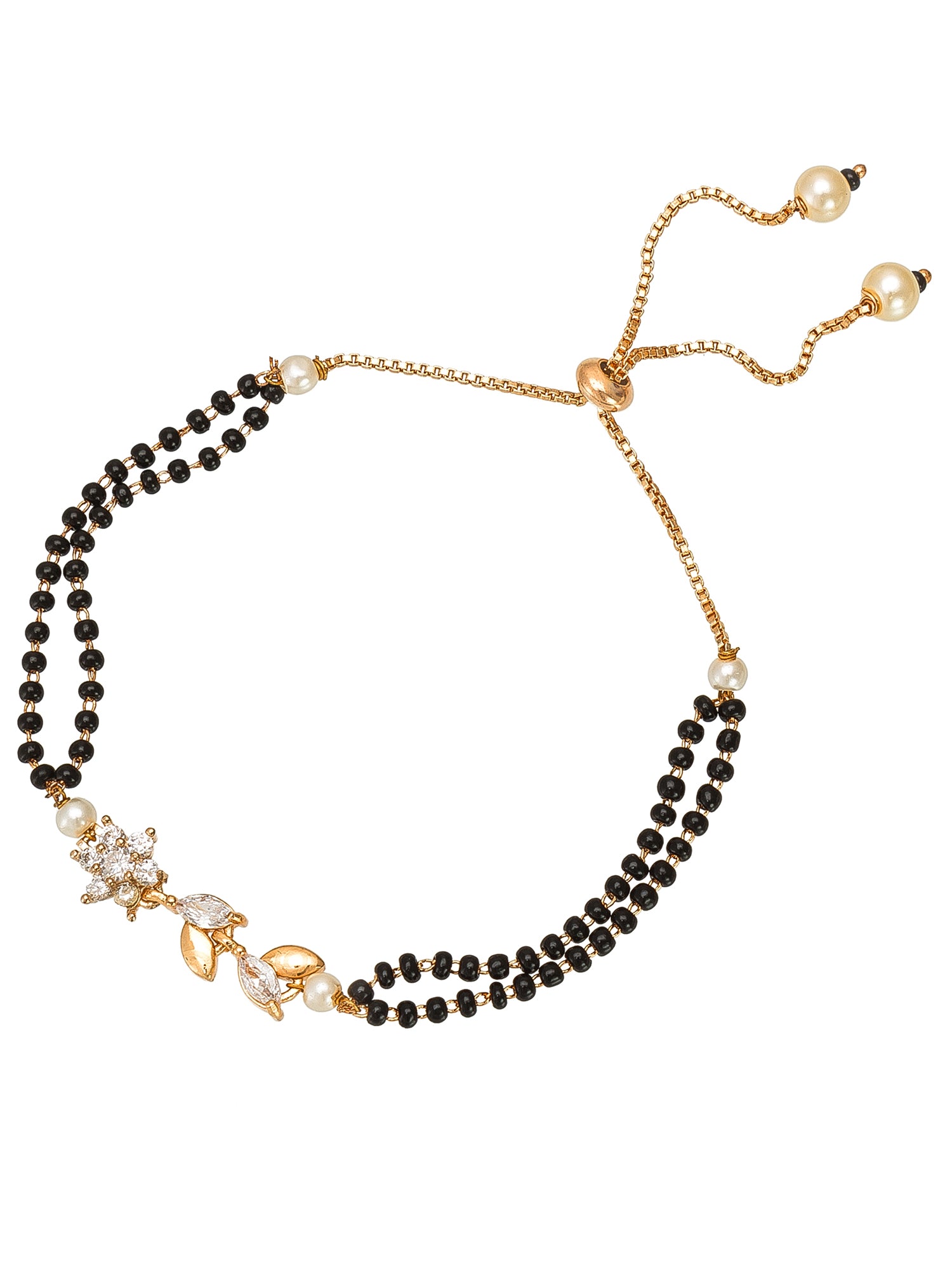Aadita Floral Motif Dual Layered Black Bead Gold Mangalsutra Bracelet