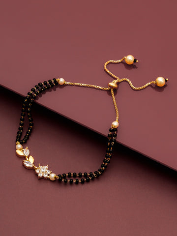 Aadita Floral Motif Dual Layered Black Bead Gold Mangalsutra Bracelet