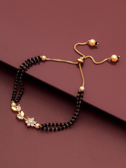 Aadita Floral Motif Dual Layered Black Bead Gold Mangalsutra Bracelet