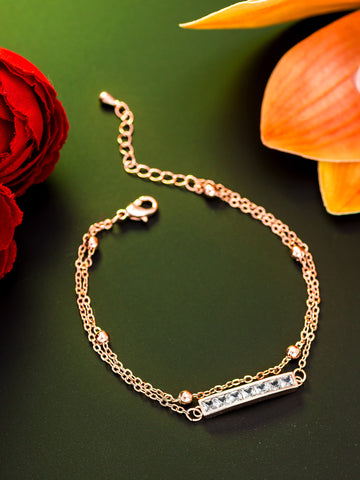 Aadita Rose Gold Plated Double Chain Bracelet with Baguette Bar
